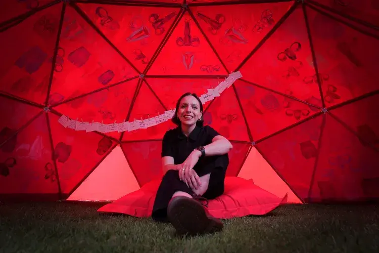 Francesca Hearn-Yeates in her womb tent